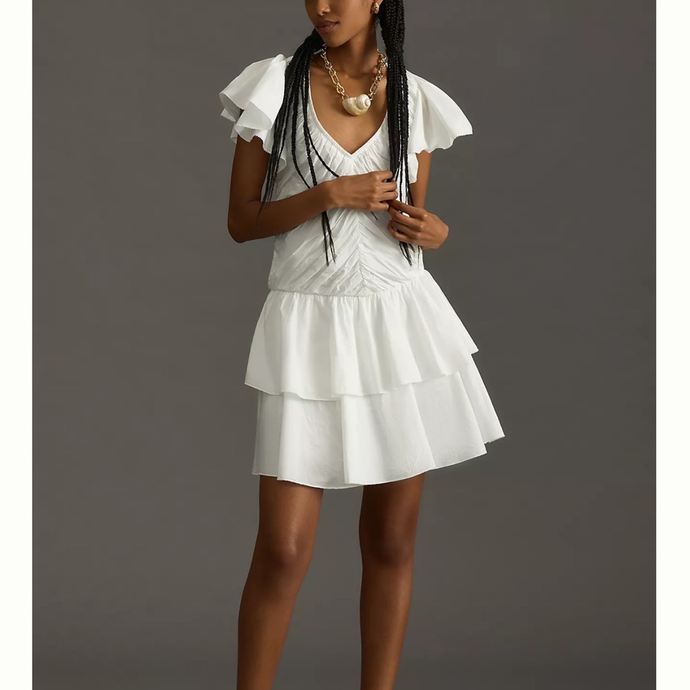 Anthro LOVE THE LABEL white ruffled mini dress
